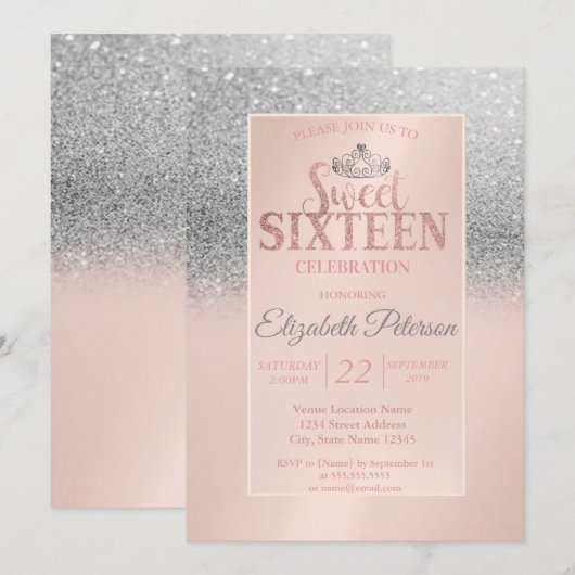 Chic Silver Glitter Bokeh, Tiara Sweet 16 Party Kaart (Voorkant / Achterkant)