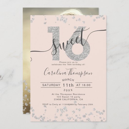 Chic Silver Glitter confetti blush Sweet 16 foto Kaart (Voorkant / Achterkant)