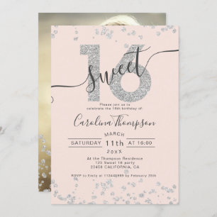 Chic Silver Glitter confetti blush Sweet 16 foto Kaart