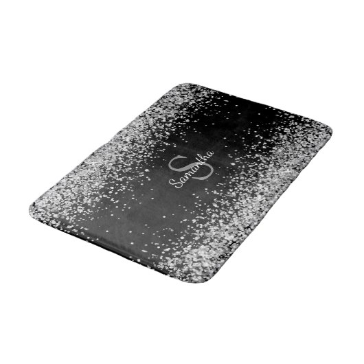 Chic Silver Glitter Confetti Monogram Zwart Badmat (Gekanteld)