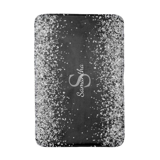 Chic Silver Glitter Confetti Monogram Zwart Badmat (Voorkant Verticaal)