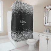 Chic Silver Glitter Confetti Monogram Zwart Douchegordijn (In situ)