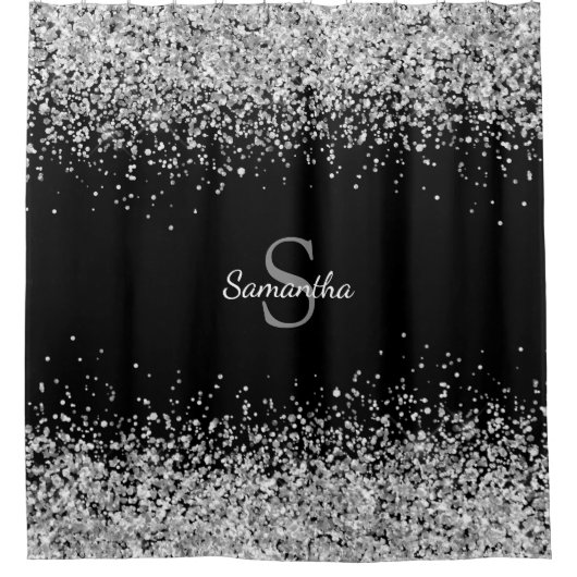 Chic Silver Glitter Confetti Monogram Zwart Douchegordijn (Voorkant)