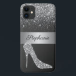 Chic Silver Glitter Diamond High Hiel Naam Case-Mate iPhone Case<br><div class="desc">Bescherm uw telefoon in stijl met deze chic glitter en glam telefoondoos. Deze elegante ontwerp-sjabloon is voorzien van een schoen met hoge hakken gemaakt van witte diamanten op een zwarte achtergrond. Boven is een streep zilvermetallische textuur met jouw naam om gepersonaliseerd te worden, geaccentueerd door een spinkeling van zilverglitter en...</div>