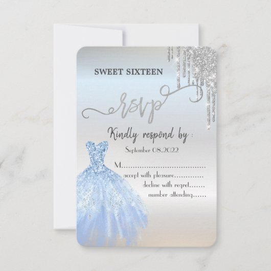 Chic Silver Glitter Dress Blue Sweet 16 RSVP Kaart (Voorkant)