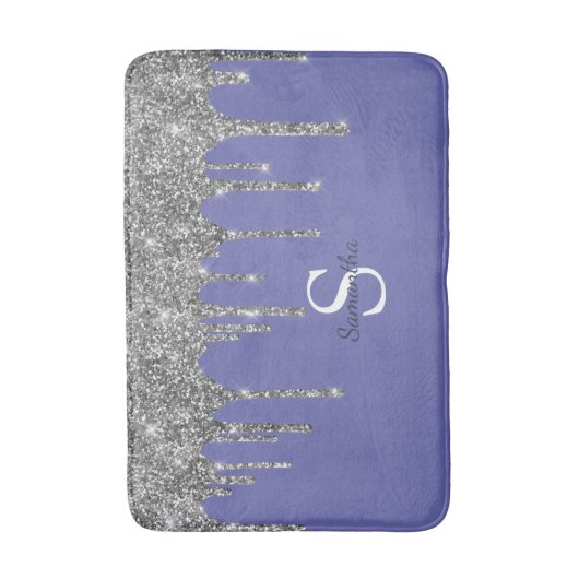 Chic Silver Glitter Drift Monogram Naam Periwinkle Badmat (Voorkant Verticaal)