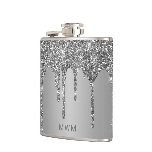 Chic Silver Glitter Drift Sparkle Monogram 6 oz Heupfles (Links)