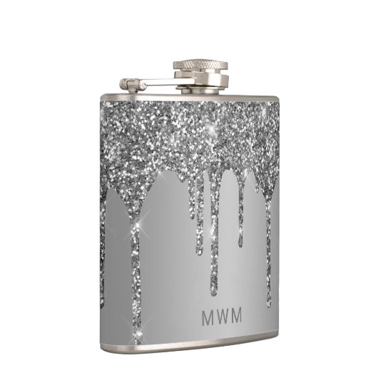 Chic Silver Glitter Drift Sparkle Monogram 6 oz Heupfles (Rechts)