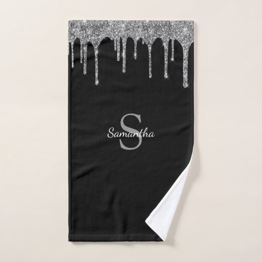 Chic Silver Glitter Drift Sparkle Monogram Naam Bad Handdoek (Handdoek)