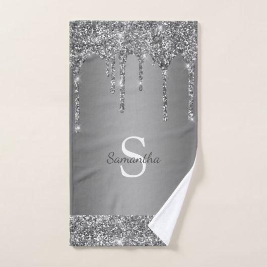 Chic Silver Glitter Drift Sparkle Monogram Naam Bad Handdoek (Handdoek)