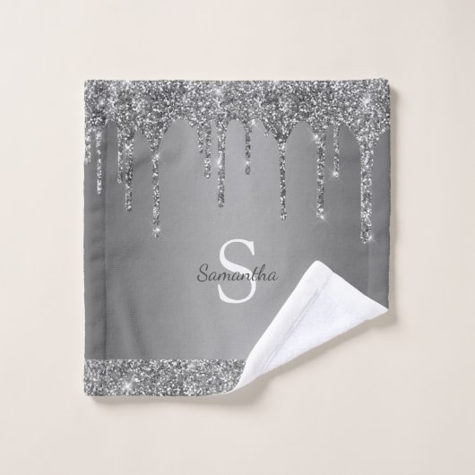 Chic Silver Glitter Drift Sparkle Monogram Naam Bad Handdoek (Wasdoekje)