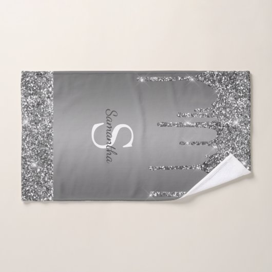 Chic Silver Glitter Drift Sparkle Monogram Naam Bad Handdoek (Handdoek)