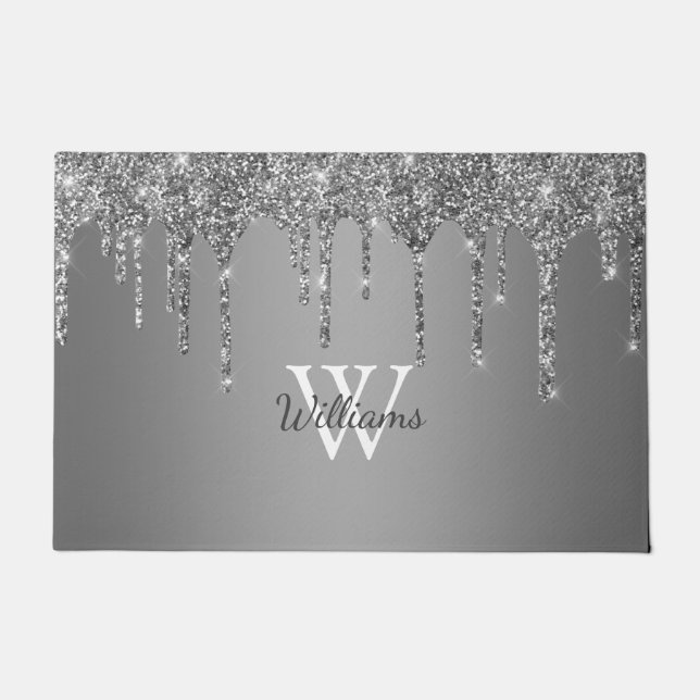 Chic Silver Glitter Drift Sparkle Monogram Naam Deurmat (Voorkant)