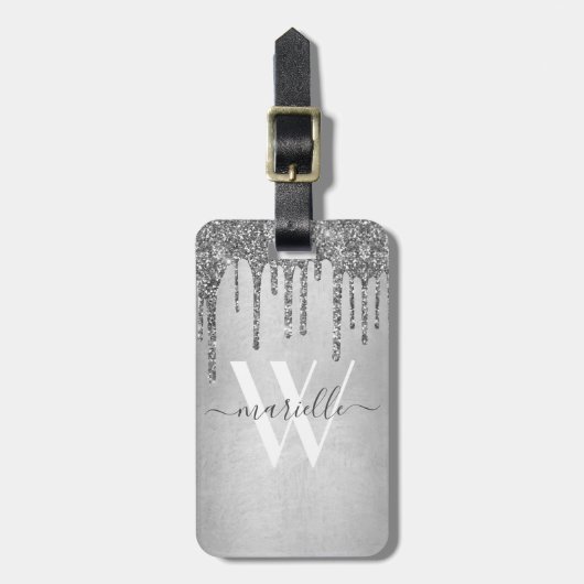 Chic Silver Glitter Drift Sparkles Monogram Bagagelabel (Voorkant verticaal)