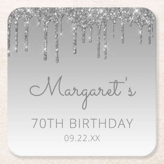 Chic Silver Glitter Drip 70e verjaardag Party Kartonnen Onderzetters (Voorkant)