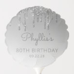 Chic Silver Glitter Drip 80th Birthday Party Ballon<br><div class="desc">Deze ballon van het 80ste verjaardagsfeest is voorzien van een dunne zilveren faux glitter drip border en grijze ombre background. Personaliseer het met de naam van de gast van eer in grijs handschrift manuscript,  met haar verjaardag en datum hieronder in sans serif doopvont.</div>