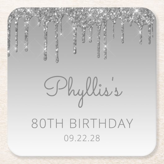 Chic Silver Glitter Drip 80th Birthday Party Kartonnen Onderzetters (Voorkant)