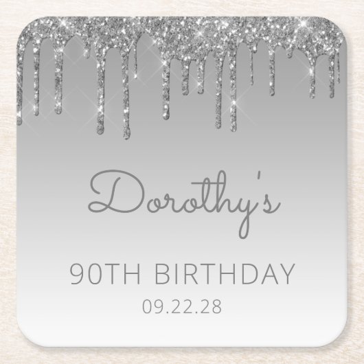 Chic Silver Glitter Drip 90th Birthday Party Kartonnen Onderzetters (Voorkant)