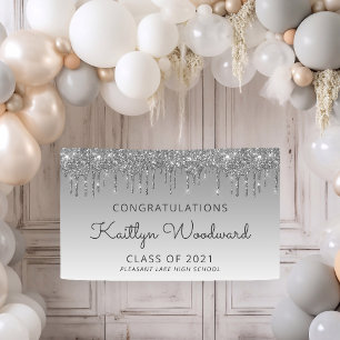 Chic Silver Glitter Drip Afstuderen Spandoek