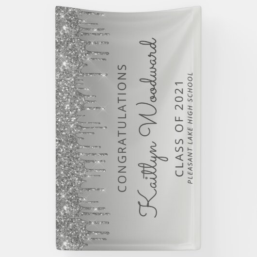 Chic Silver Glitter Drip Afstuderen Spandoek (Verticaal)