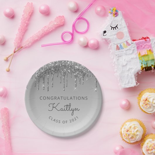 Chic Silver Glitter Drip Graduparty Papieren Bordje (Feest)