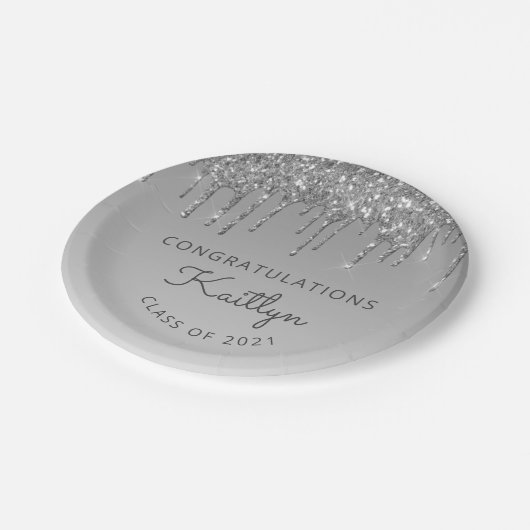 Chic Silver Glitter Drip Graduparty Papieren Bordje (Gekanteld)