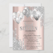 Chic Silver Glitter Drips Balloons Sweet 16 Kaart (Voorkant)