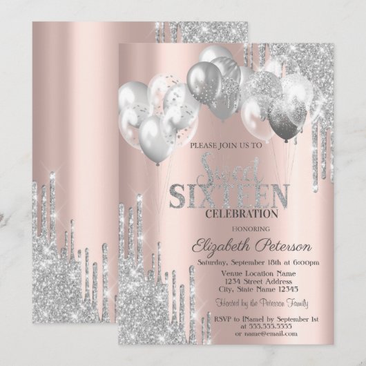 Chic Silver Glitter Drips Balloons Sweet 16 Kaart (Voorkant / Achterkant)
