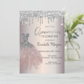 Chic Silver Glitter Drivers, Dress Quinceañera Kaart (Staand voorkant)