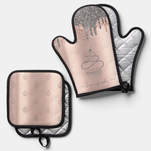 Chic Silver Glitter drukt cupcake Roos Gold uit Ovenwant & Pannenlap Set (Voorkant / Achterkant)