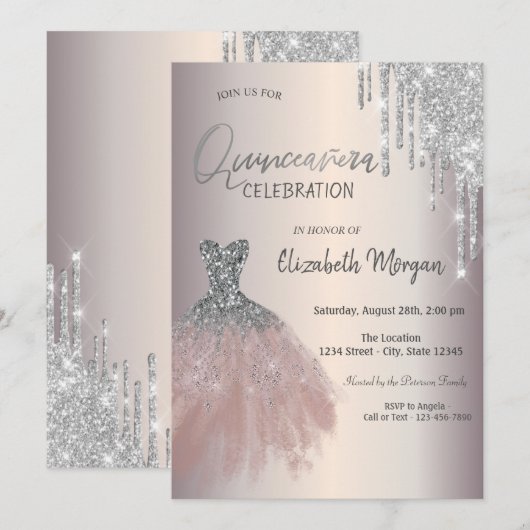 Chic Silver Glitter drukt de uitgang Quinceañera a Kaart (Voorkant / Achterkant)