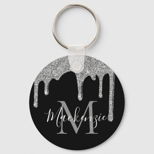 Chic Silver Glitter drukt spaarmonogram Sleutelhanger (Voorkant)