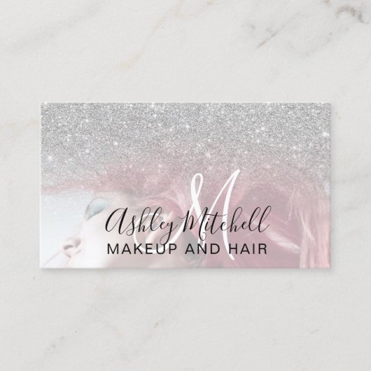 Chic Silver Glitter Foto monogram make-up haar Visitekaartje (Voorkant)