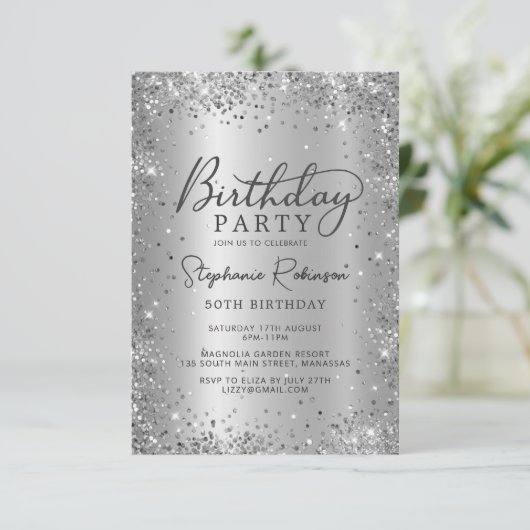 Chic Silver Glitter Metal Folie 50e verjaardag Kaart (Staand voorkant)