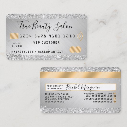 Chic Silver Glitter Metallic Gold Credit Style Visitekaartje (Voorkant / Achterkant)
