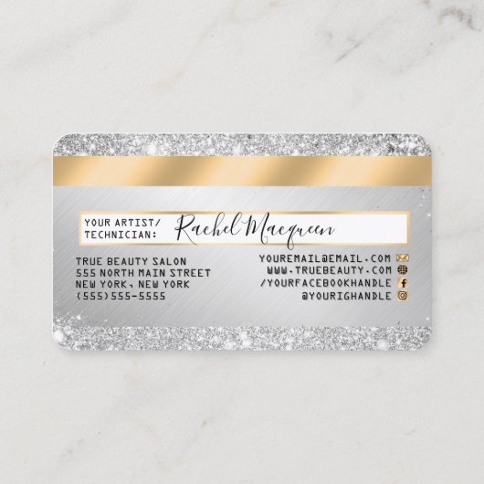 Chic Silver Glitter Metallic Gold Credit Style Visitekaartje (Achterkant)