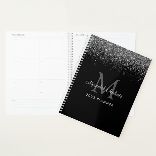 Chic Silver Glitter Monogram Black 2023 Planner (Display)