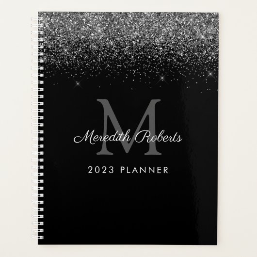 Chic Silver Glitter Monogram Black 2023 Planner (Voorkant)
