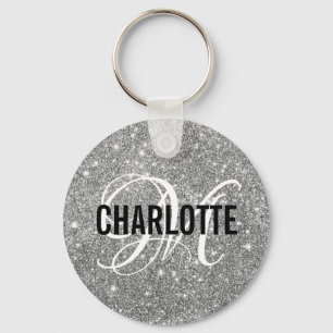Chic Silver Glitter monogram name sleutelhanger