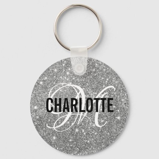 Chic Silver Glitter monogram name sleutelhanger (Voorkant)