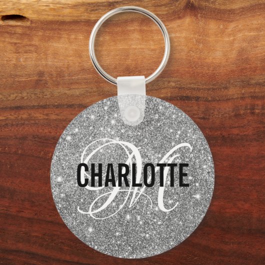 Chic Silver Glitter monogram name sleutelhanger (Voorkant)