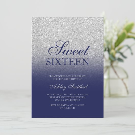 Chic Silver glitter navy blue elegant Sweet 16 Kaart (Staand voorkant)