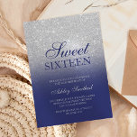 Chic Silver glitter navy blue elegant Sweet 16 Kaart<br><div class="desc">Een modern,   en elegant faux zilveren glitter douchecombre met blauw marinekleurblok Sweet 16 verjaardagsfeest met elegant zilver lijst Perfect voor een prinses Sweet-zestien.</div>