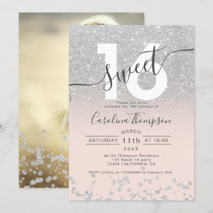 Chic Silver Glitter ombre blush Sweet 16 foto Kaart