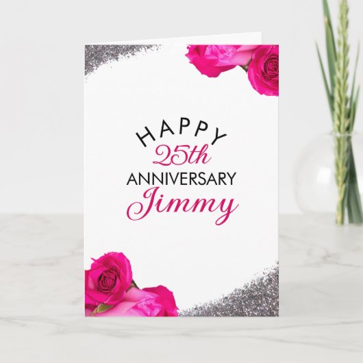 Chic Silver Glitter Pink Rose Husband Jubileum Kaart (Voorkant)