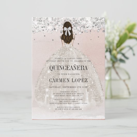 Chic Silver Glitter Princess Dress Quinceanera Kaart (Staand voorkant)
