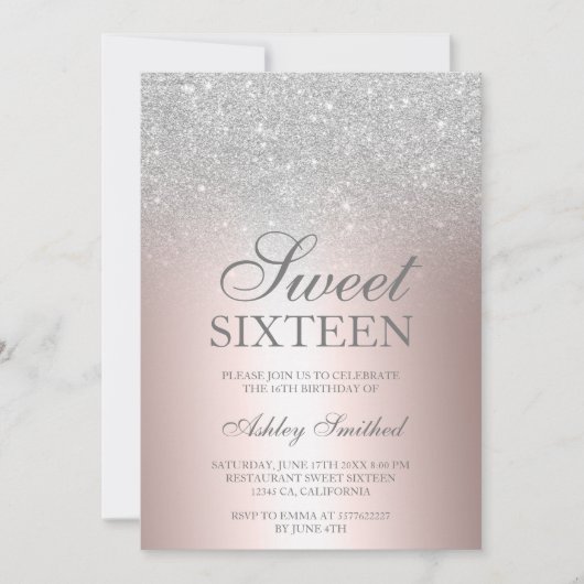 Chic Silver Glitter roos metallic folie Sweet 16 Kaart (Voorkant)