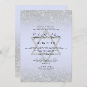 Chic Silver glitter script lavender Bat Mitzvah Kaart