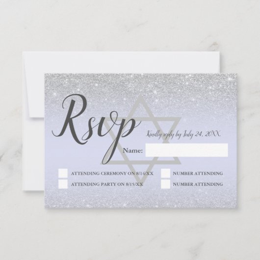 Chic Silver glitter script lavender Bat Mitzvah RSVP Kaartje (Voorkant)