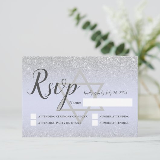 Chic Silver glitter script lavender Bat Mitzvah RSVP Kaartje (Staand voorkant)